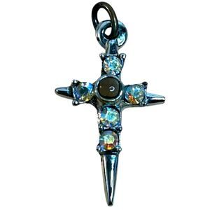 Vintage Aurora Borealis AB Rhinestones Silver Tone Cross Pendant